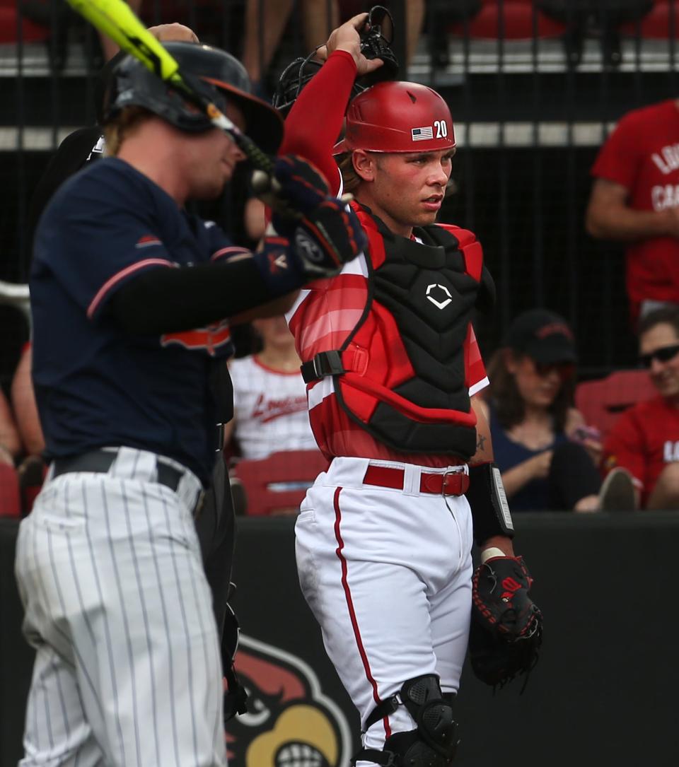 Louisville’s Dalton Rushing gets ready to catch against Virginia in the last game of the regular season.May 21, 2022