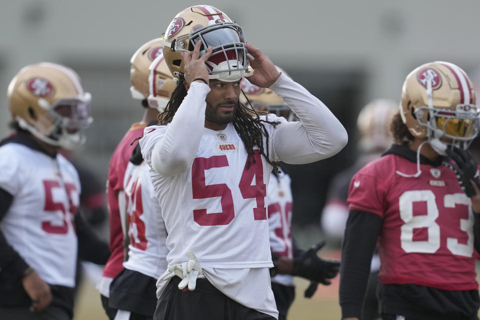 San Francisco 49ers linebacker Fred Warner (54) puts on his helmet during an NFL football practice in Santa Clara, Calif., Wednesday, Jan. 24, 2024. The 49ers are scheduled to play the Detroit Lions Sunday in the NFC championship game. (AP Photo/Jeff Chiu)