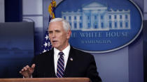 Vice President Mike Pence speaks about the coronavirus in the James Brady Press Briefing Room of the White House, Wednesday, April 8, 2020, in Washington. (AP Photo/Alex Brandon)