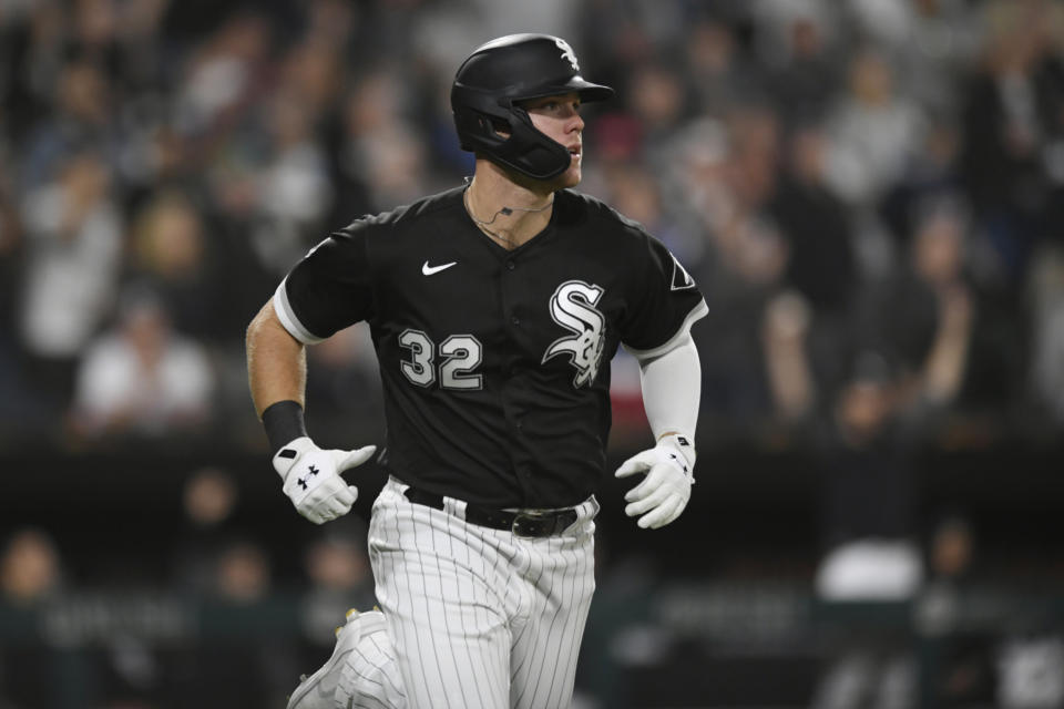 Chicago White Sox's Gavin Sheets watches his solo home run during the fourth inning of a baseball game against the Cincinnati Reds Tuesday, Sept. 28, 2021, in Chicago. (AP Photo/Paul Beaty)