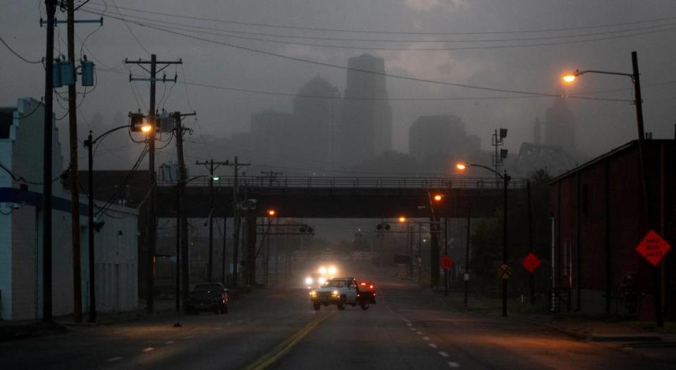 A haboob envelopes the downtown skyline on Friday, July 14, 2023, in Kansas City. Dust stirred up by strong winds from an approaching storm caused the near-blackout conditions.