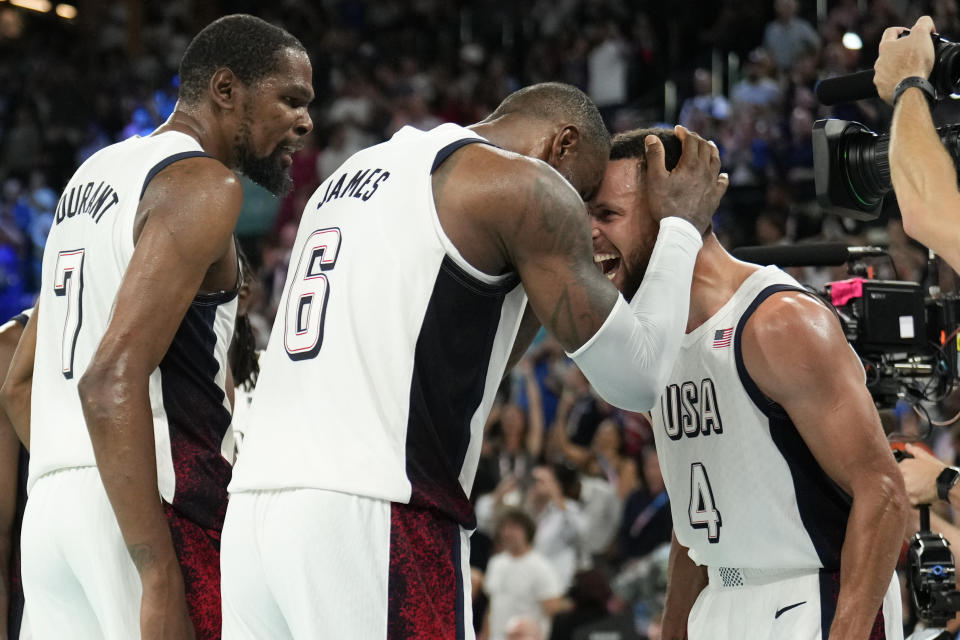 美國男籃Kevin Durant（圖左起）、LeBron James和Steph Curry。(AP Photo/Mark J. Terrill)