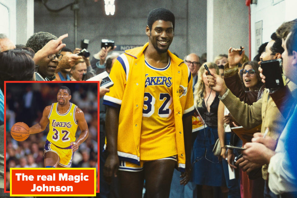 Quincy Isaiah as Magic Johnson walks through a crowd of reporters in "Winning Time"