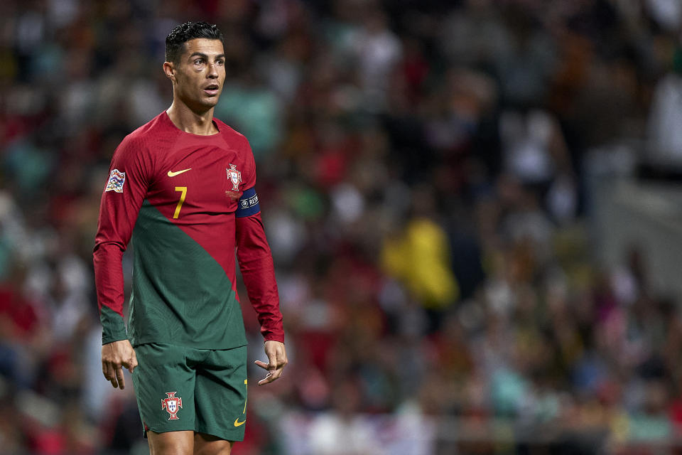 BRAGA, PORTUGAL - SEPTEMBER 27:  Cristiano Ronaldo of Portugal looks on during the UEFA Nations League A Group 2 match between Portugal and Spain at Estadio Municipal de Braga on September 27, 2022 in Braga, Portugal. (Photo by Jose Manuel Alvarez/Quality Sport Images/Getty Images)