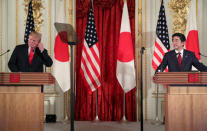 U.S. President Donald Trump and Japan's Prime Minister Shinzo Abe hold a news conference, at Akasaka Palace in Tokyo, Japan May 27, 2019. REUTERS/Jonathan Ernst