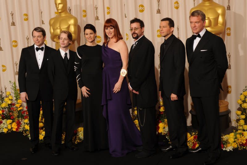 Left to right, Matthew Broderick, Macaulay Culkin, Ally Sheedy, Molly Ringwald, Judd Nelson, Jon Cryer and Anthony Michael Hall appear backstage at the Academy Awards in Hollywood in 2010. File Photo by Jim Ruymen/UPI