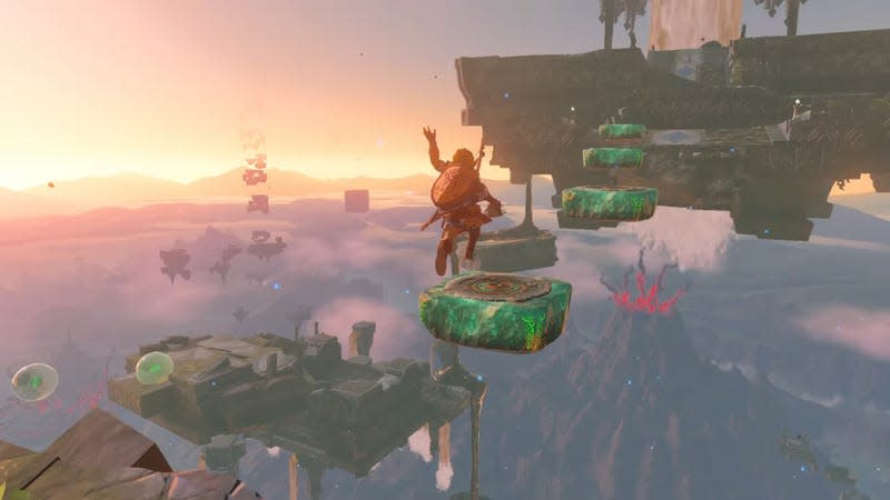 Link leaps across platforms in the sky.