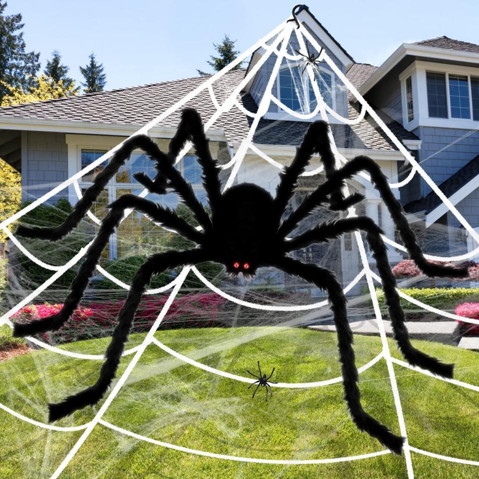 Apsung 275'' Halloween Spider Web with 60'' Giant Scary Hairy Spider Decorations, 2 Small Spiders & Extra Stretch Cobweb for Halloween Decorations Indoor Outdoor Yard Lawn Party Haunted House Supplies