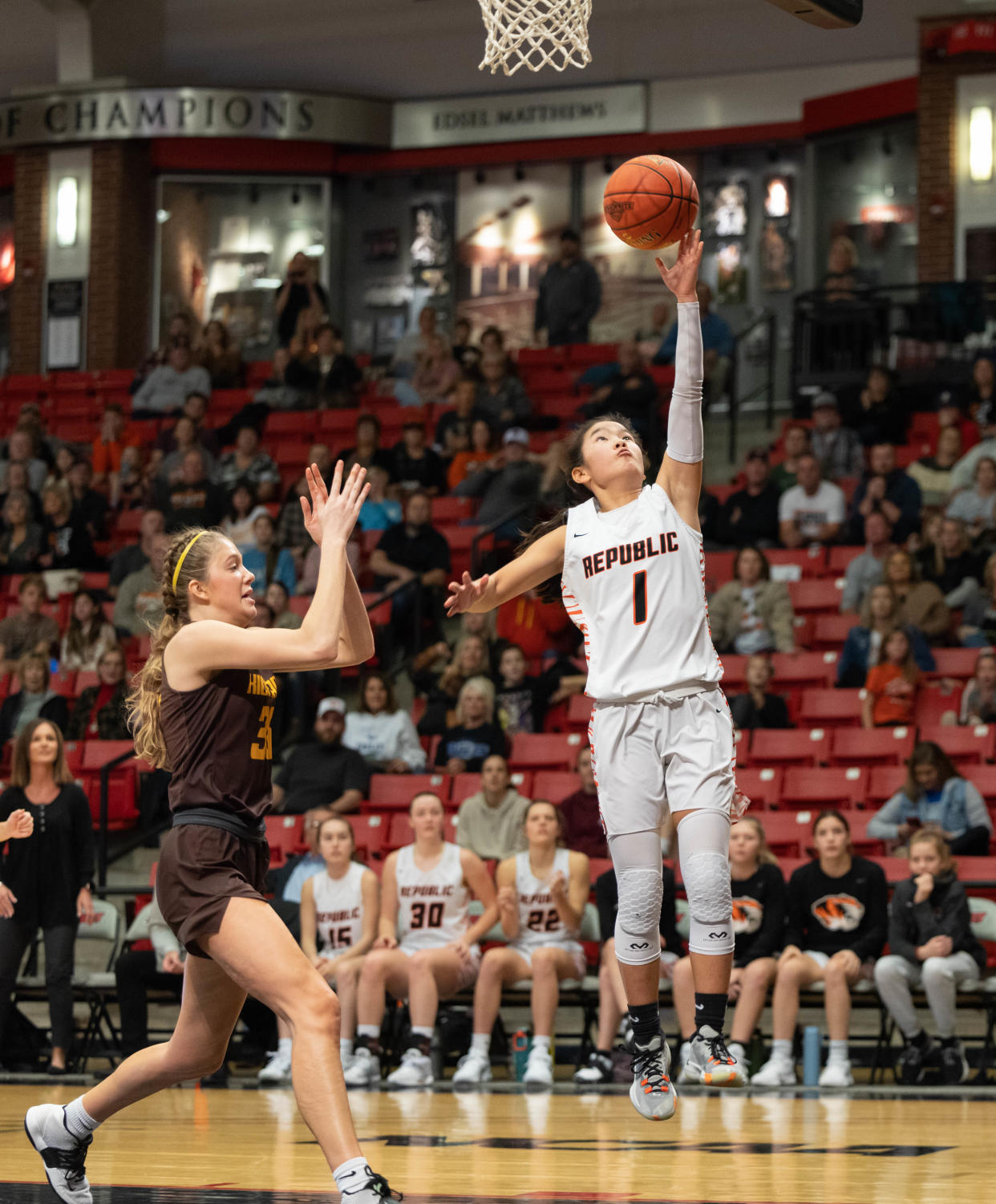 Republic’s Misora Nambara shoots a layup during the Tiger’s game versus Kickapoo in the white division semifinal of the Pink and White Classic on December 29, 2022.