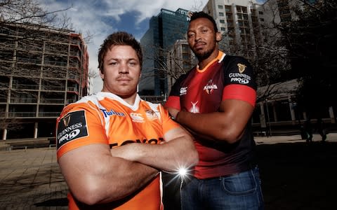 Cheetahs hooker Torsten van Jaarsveld and Kings lock Lubabalo “Giant” Mtyanda - Credit: INPHO