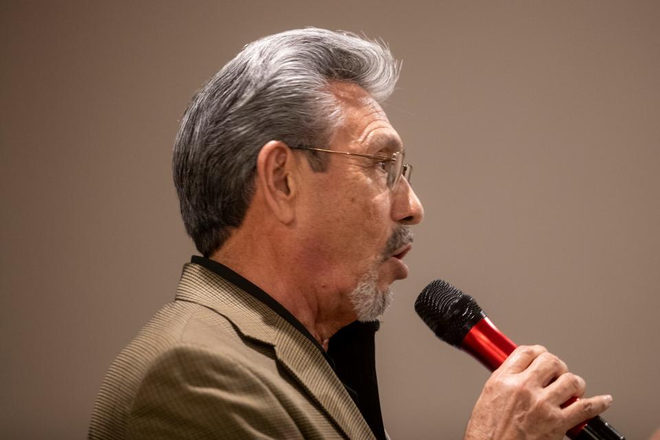 Homer Reza, one of four candidates seeking the Texas House District 77 seat, speaks at the Eastside Democrats Endorsement Forum at the Firefighters Hall in East El Paso on Feb. 6, 2024.