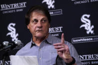 Chicago White Sox manager Tony La Russa reads from a statement announcing his retirement from the team due to medical reason before a baseball game between the White Sox and the Minnesota Twins, Monday, Oct. 3, 2022, in Chicago. (AP Photo/Charles Rex Arbogast)