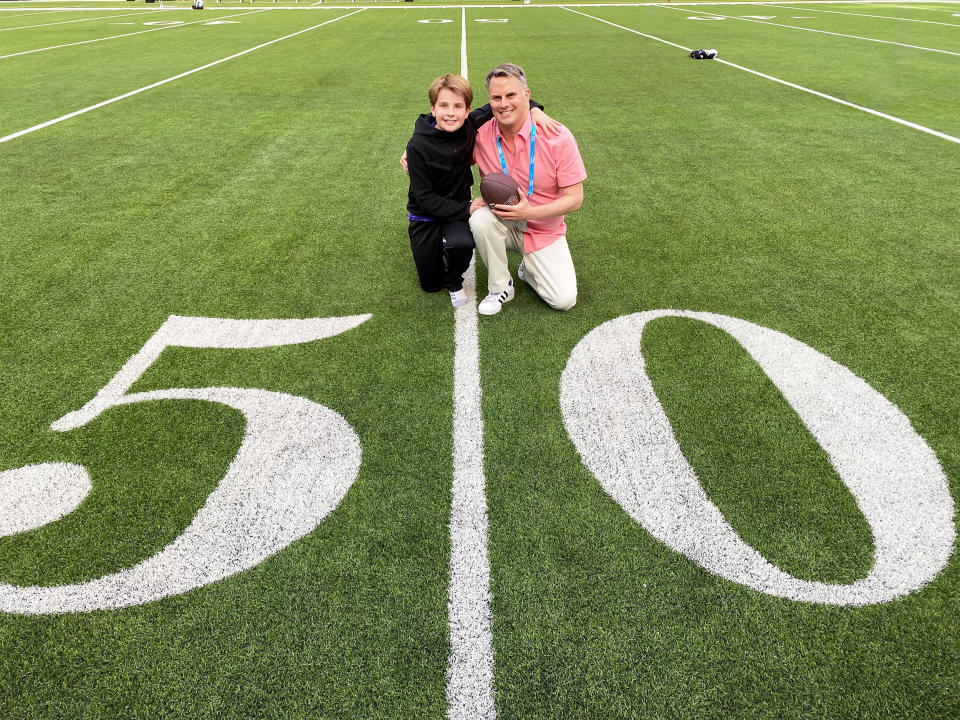Bradley and Lucas on the 50-yard line at the Sofi Stadium in Los Angeles, where Super Bowl 2022 was played. (Courtesy Bradley Jacobs Sigesmund)