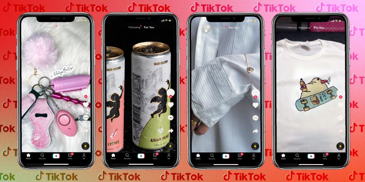 Four iPhones displaying products from small businesses that grew on TikTok: Fabulyss Boutique, Nectar, Woof Palace, and Nice Shirt. Thanks!