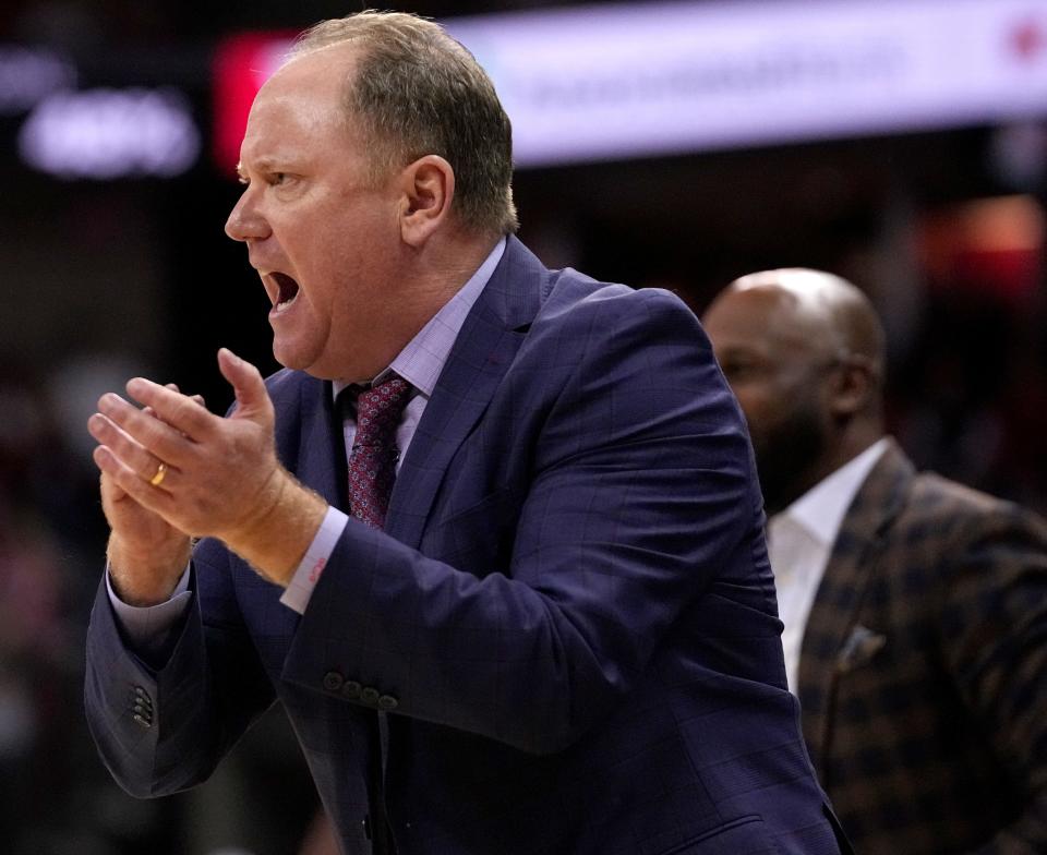 Wisconsin head coach Greg Gard is shown during the second half of their game Thursday, March 7, 2024 at the Kohl Center in Madison, Wisconsin. Wisconsin beat Rutgers 78-66.