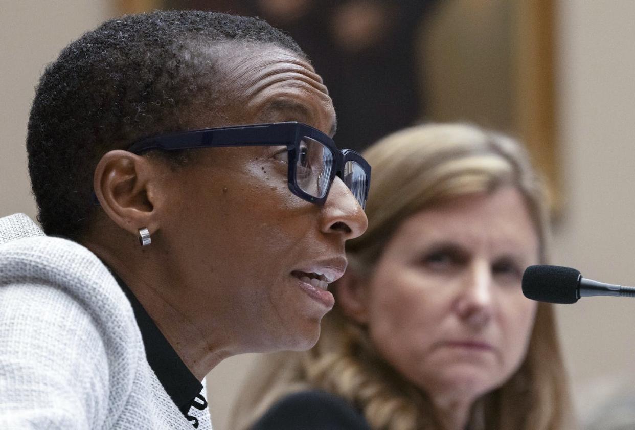 Former Harvard President Claudine Gay, left, speaks as former University of Pennsylvania President Liz Magill listens during a House hearing in December 2023 − before they both resigned. <a href="https://newsroom.ap.org/detail/CongressEducationCollegesAntisemitism/fbb72e215baa4326943637b44c623e52/photo?boardId=37be9465fcce45d283d5431cccb20a6a&st=boards&mediaType=audio,photo,video,graphic&sortBy=&dateRange=Anytime&totalCount=495&currentItemNo=0" rel="nofollow noopener" target="_blank" data-ylk="slk:AP Photo/Mark Schiefelbein;elm:context_link;itc:0;sec:content-canvas" class="link ">AP Photo/Mark Schiefelbein</a>