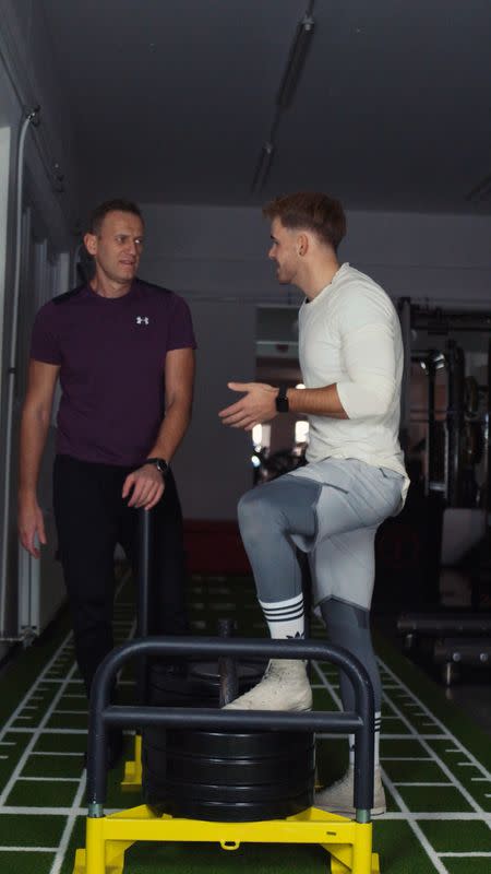 Russian opposition activist Navalny and his personal trainer Leber are seen at the AlbGym fitness studio in St. Blasien