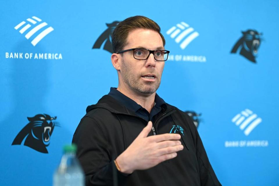 Carolina Panthers general manager Dan Morgan responds to a question during a pre-draft press conference at Bank of America Stadium on Thursday, April 18, 2024.