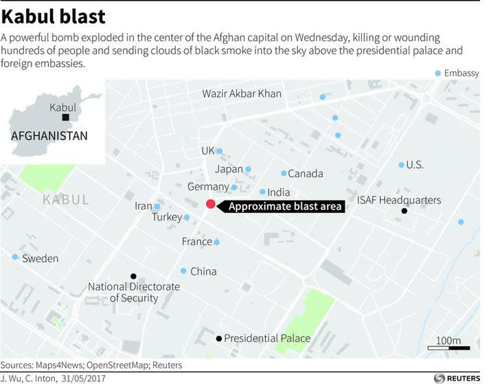 <p>Map showing location of blast in Kabul on May 31, 2017. (Reuters) </p>