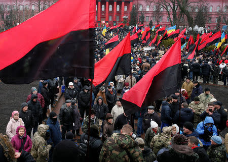Supporters of former Georgian President Mikheil Saakashvili gather for a rally in Kiev, Ukraine December 10, 2017. REUTERS/Gleb Garanich