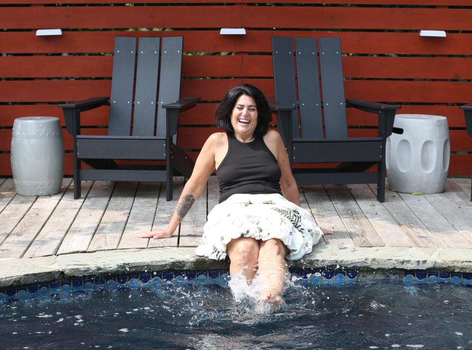 Verona, NJ- June 30, 2023 --  Ariane Duarte in the pool at her mothers’s home in Verona. She now does catering after selling her restaurants in Verona and Montclair. 