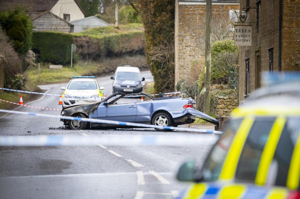 The car burst into a fireball and firefighters were called to extinguish it after Shane Bovey crashed. (SWNS)