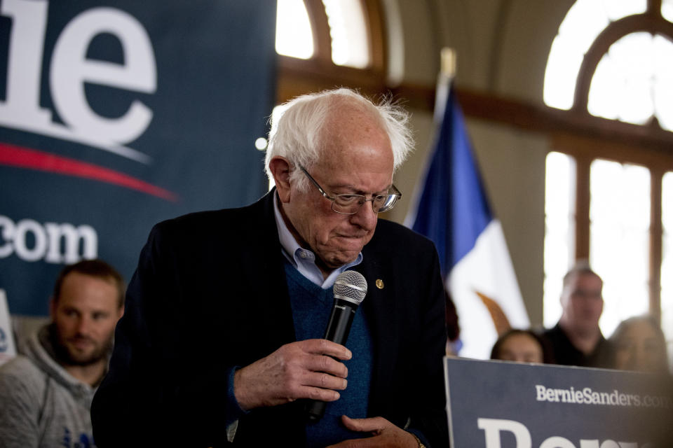 Democratic presidential candidate Sen. Bernie Sanders, I-Vt., pauses while speaking at a campaign stop at La Poste, Sunday, Jan. 26, 2020, in Perry, Iowa. (AP Photo/Andrew Harnik)