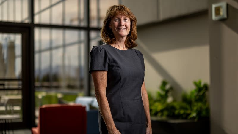 Sen. Kathleen Riebe, D-Cottonwood Heights, poses for a photo at the Deseret News in Salt Lake City on Wednesday, Aug. 16, 2023. Riebe is running to replace retiring Rep. Chris Stewart in Utah’s second congressional district.