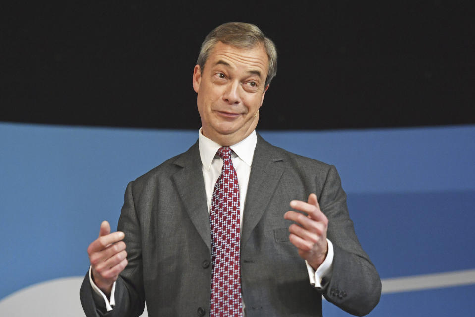 Brexit Party leader Nigel Farage speaks at Barnby Memorial Hall whilst on the General Election campaign trail in Worksop, England, Tuesday, Dec. 3, 2019. Britain goes to the polls on Dec. 12. (Jacob King/PA via AP)