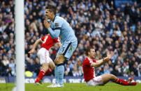 Manchester City's Stevan Jovetic reacts after missing a chance to score against Middlesbrough during their English FA Cup 4th round soccer match at the Etihad Stadium in Manchester, northern England, January 24, 2015. REUTERS/Darren Staples (BRITAIN - Tags: SPORT SOCCER)