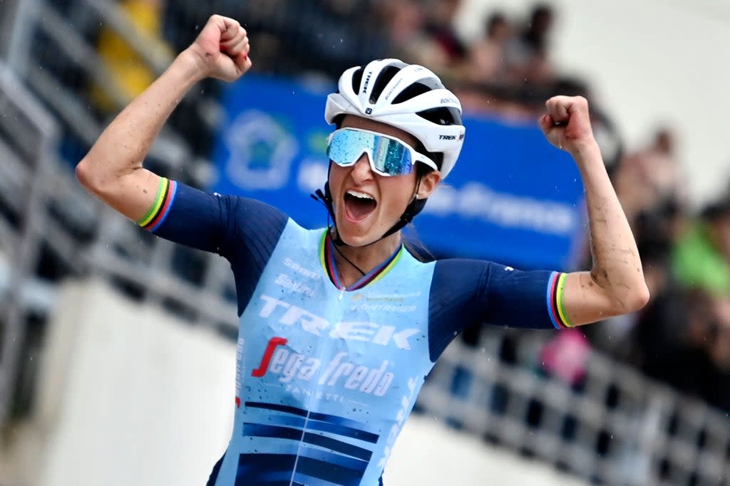 Lizzie Deignan celebrates winning the first women’s Paris-Roubaix (Getty)