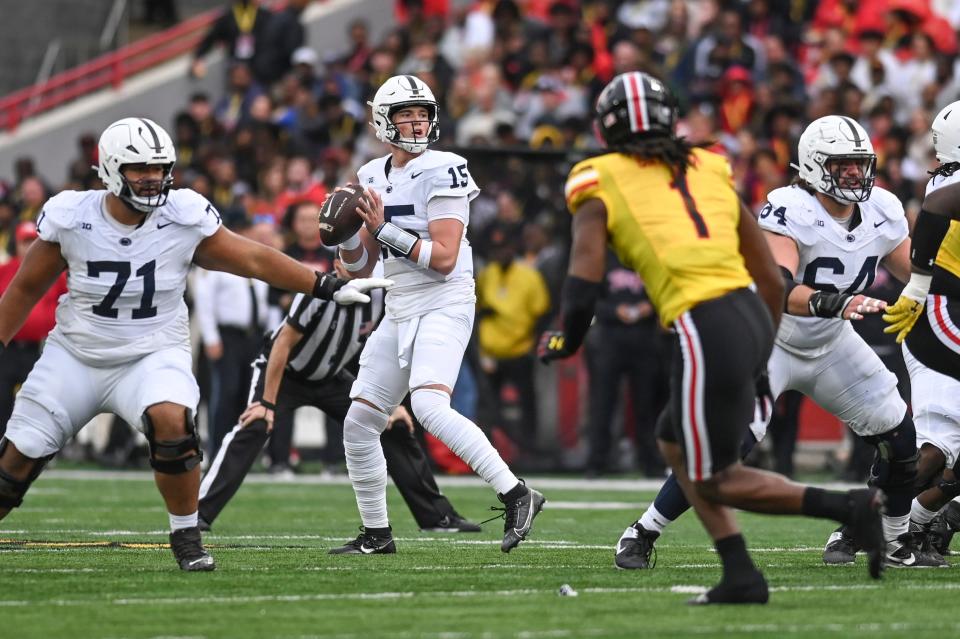 Nov 4, 2023; College Park, Maryland, USA; Penn State Nittany Lions quarterback Drew Allar (15) looks to throw during the first half against the Maryland Terrapins at SECU Stadium. Mandatory Credit: Tommy Gilligan-USA TODAY Sports