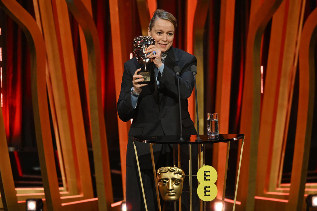 LONDON, ENGLAND - FEBRUARY 18: Samantha Morton accepts the Fellowship Award during the 2024 EE BAFTA Film Awards, held at the Royal Festival Hall on February 18, 2024 in London, England. (Photo by Kate Green/BAFTA/Getty Images for BAFTA)