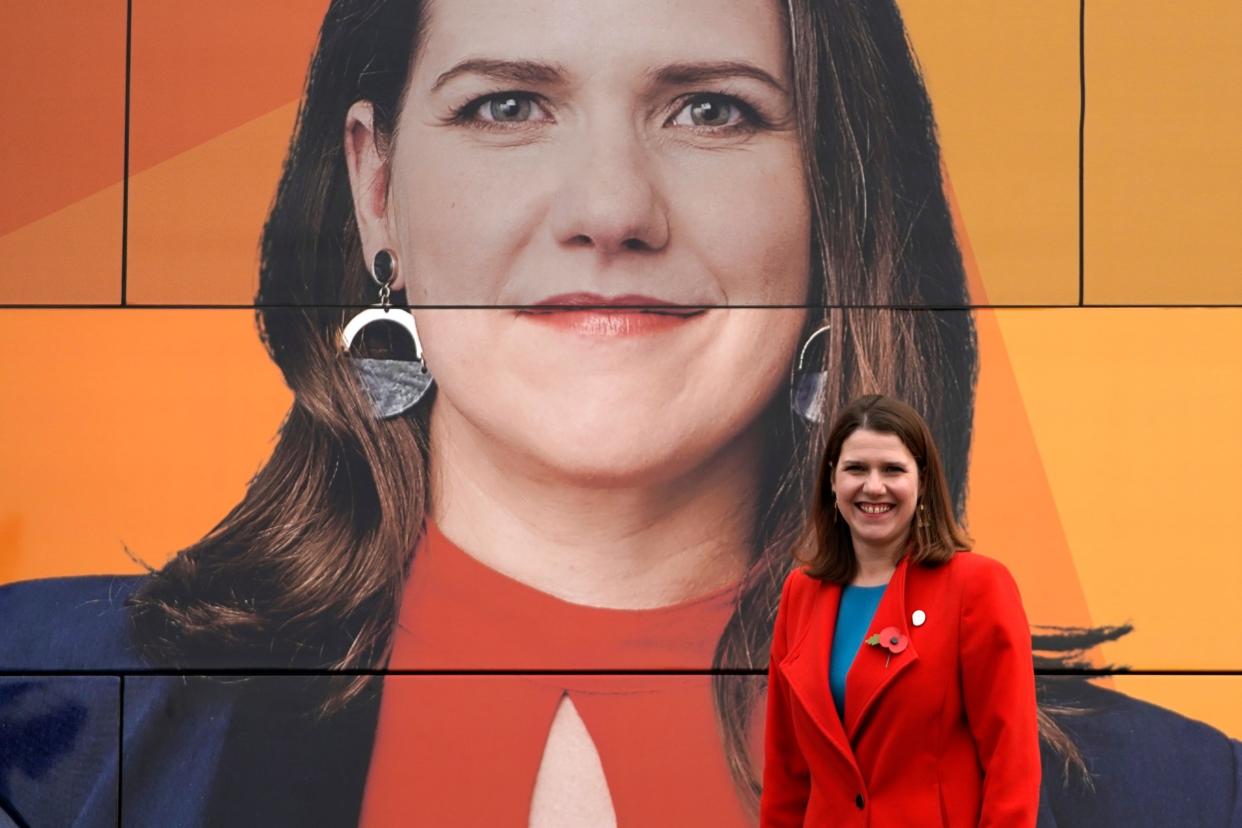 Liberal Democrat Leader Jo Swinson poses for photographs by the Liberal Democrat election bus: EPA