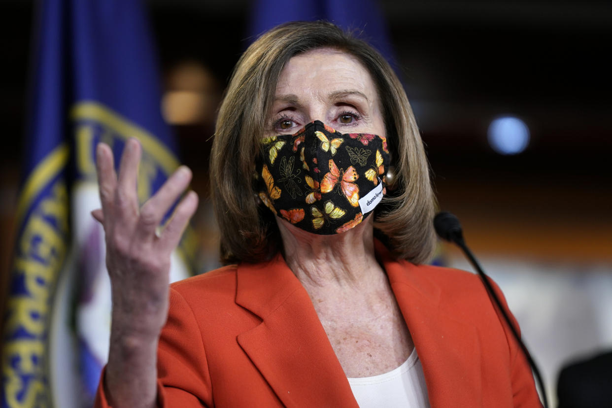 In this March 2, 2020, photo, House Speaker Nancy Pelosi of Calif., speaks during a news conference in Washington. House Democrats are hustling to pass the most ambitious effort in decades to overhaul policing. They are confident they can avoid clashing with moderates in their own party who are wary of reigniting the same “defund the police” debate that they say hurt them during last fall’s election (AP Photo/Patrick Semansky)