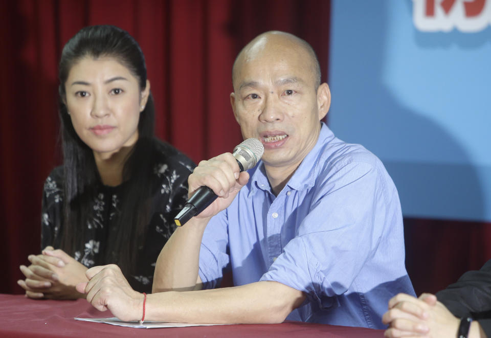 Kaohsiung city mayor Han Kuo-yu speaks to the media after winning the candidacy of the opposition of the Nationalist Party (KMT) for the upcoming presidential elections at the party headquarters, Monday, July 15, 2019, in Taipei, Taiwan. (AP Photo/Chiang Ying-ying)