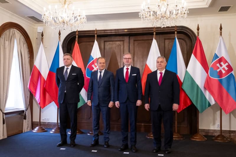 (L-R) Slovakia's Prime Minister Robert Fico, Poland's Prime Minister Donald Tusk, Czech Repulic's Prime Minister Petr Fiala, and Hungary's Prime Minister Viktor Orban pose for a group photo ahead of a meeting of the Visegrad Group (V4). Deml Ondøej/CTK/dpa