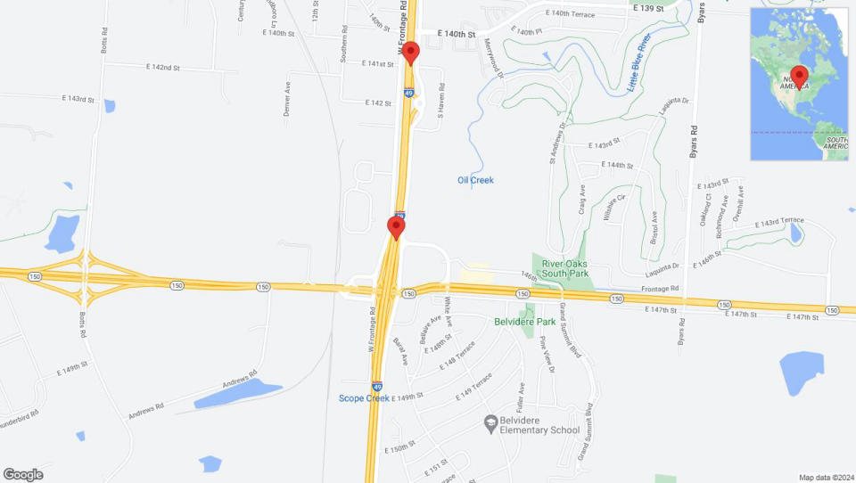 A detailed map that shows the affected road due to 'Drivers cautioned as heavy rain triggers traffic concerns on northbound I-40/US-71 in Grandview' on May 2nd at 4:56 p.m.