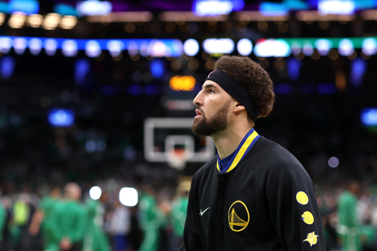 Klay Thompson #11 of the Golden State Warriors looks on prior to Game Three of the 2022 NBA Finals against the Boston Celtics at TD Garden on June 08, 2022 in Boston, Massachusetts. NOTE TO USER: User expressly acknowledges and agrees that, by downloading and/or using this photograph, User is consenting to the terms and conditions of the Getty Images License Agreement. (Photo by Maddie Meyer/Getty Images)