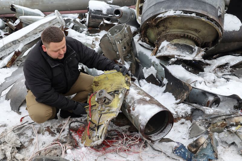 FILE PHOTO: View shows parts of an unidentified missile, which Ukrainian authorities believe to be made in North Korea, in Kharkiv