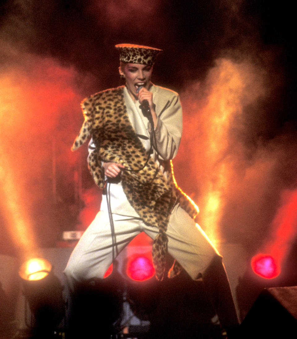 THEN: Annie Lennox of Eurythmics during Eurythmics in Concert at Los Angeles' Wilshire Theatre - April 25, 1984 at Wilshire Theatre in Los Angeles, California, United States. (Photo by Barry King/WireImage)