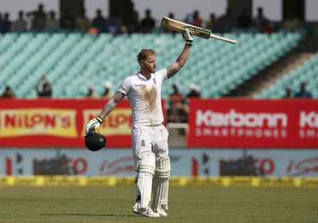 Cricket - India v England - First Test cricket match - Saurashtra Cricket Association Stadium, Rajkot, India - 10/11/16. England's Ben Stokes celebrates after scoring his century. REUTERS/Amit Dave