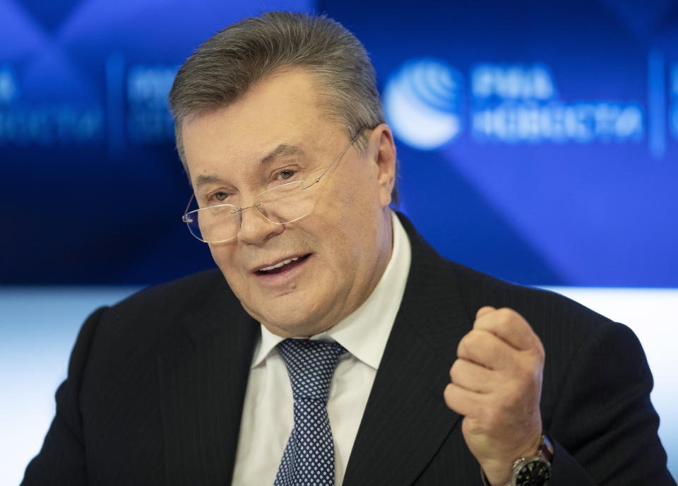 Former Ukraine President Viktor Yanukovych speaks during a news conference in Moscow, Russia, Wednesday, Feb. 6, 2019. (AP Photo/Pavel Golovkin)