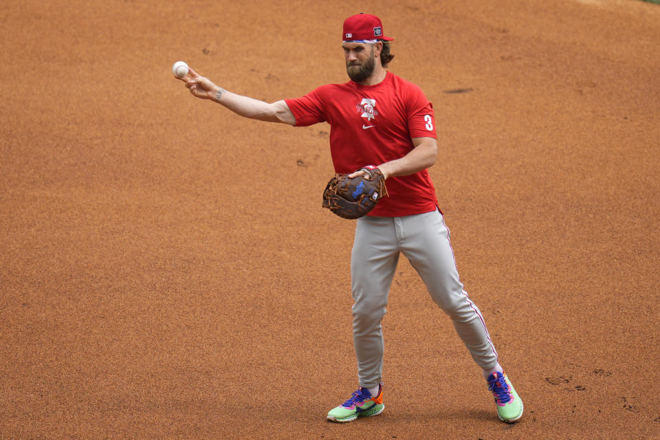 Philadelphia Phillies Bryce Harper during a workout day at the London Stadium in London, Friday, June 7, 2024. New York Mets will play games against Philadelphia Phillies at the stadium on June 8 and June 9. (AP Photo/Kirsty Wigglesworth)