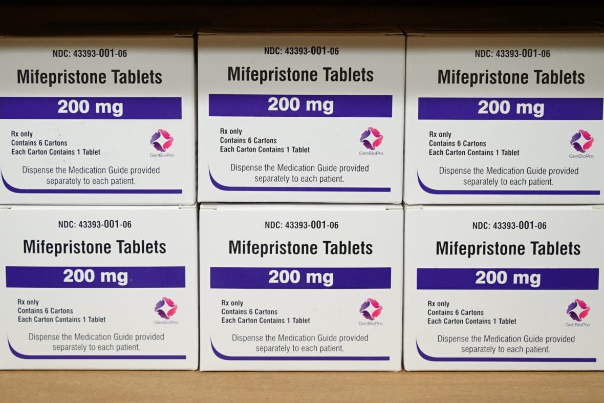Boxes of the drug mifepristone sit on a shelf at the West Alabama Women’s Center in Tuscaloosa, Ala., March 16, 2022. Health and Human Services Secretary Xavier Becerra on Sunday, April 9, 2023, stressed that women for now continue to have access to the abortion medication mifepristone after the Texas judge stayed his ruling for a week so federal authorities could file a challenge. The drug was approved by the FDA in 2000. (AP Photo/Allen G. Breed, File)