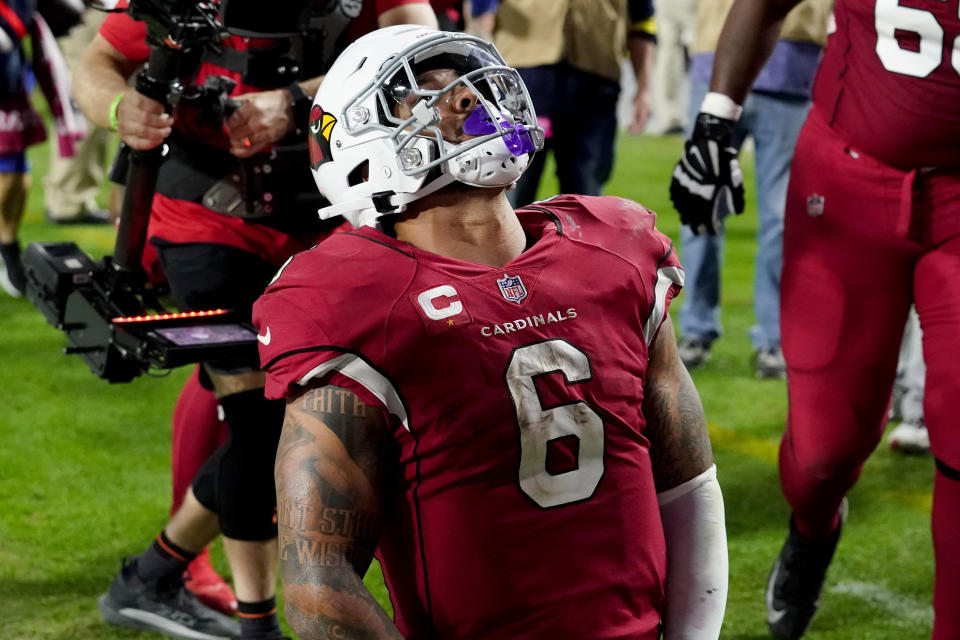 Arizona Cardinals running back James Conner (6) celebrates his touchdown against the Tampa Bay Buccaneers during the second half of an NFL football game, Sunday, Dec. 25, 2022, in Glendale, Ariz. (AP Photo/Darryl Webb)