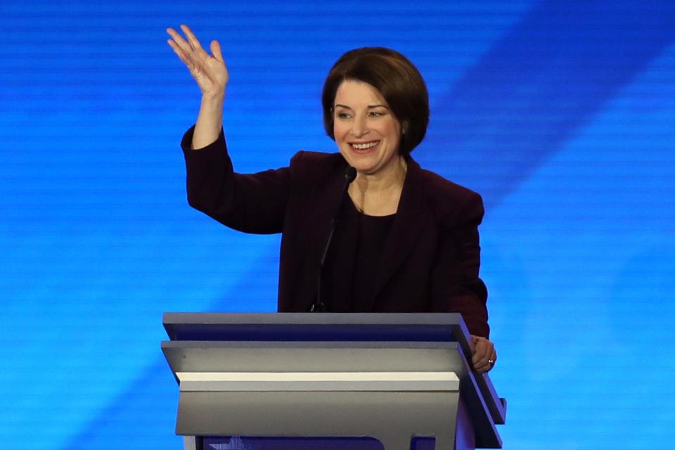 Sen. Amy Klobuchar participates in the Democratic presidential primary debate in Manchester, New Hampshire, on Feb. 7, 2020