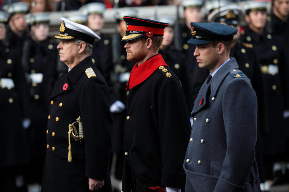 Prince Andrew, Duke of York, Prince Harry and Prince William, Duke of Cambridge attend the annual Remembrance Sunday memorial on November 12, 2017 in London, England.