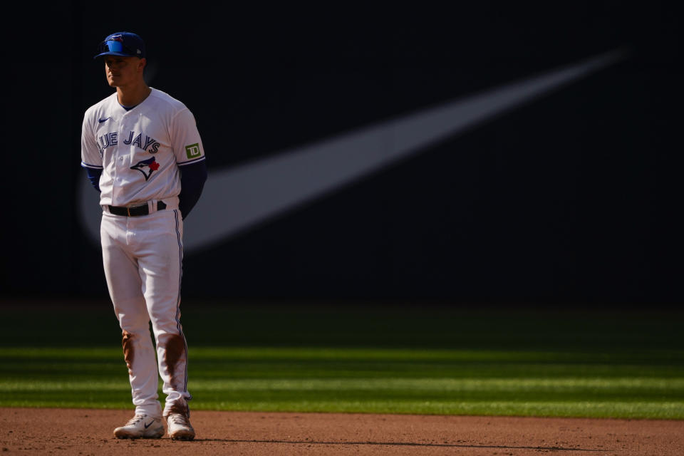 Toronto Blue Jays third baseman Matt Chapman (26) looks on during the eighth inning of a baseball game against the Boston Red Sox in Toronto, Sunday, Sept. 17, 2023. (Andrew Lahodynskyj/The Canadian Press via AP)