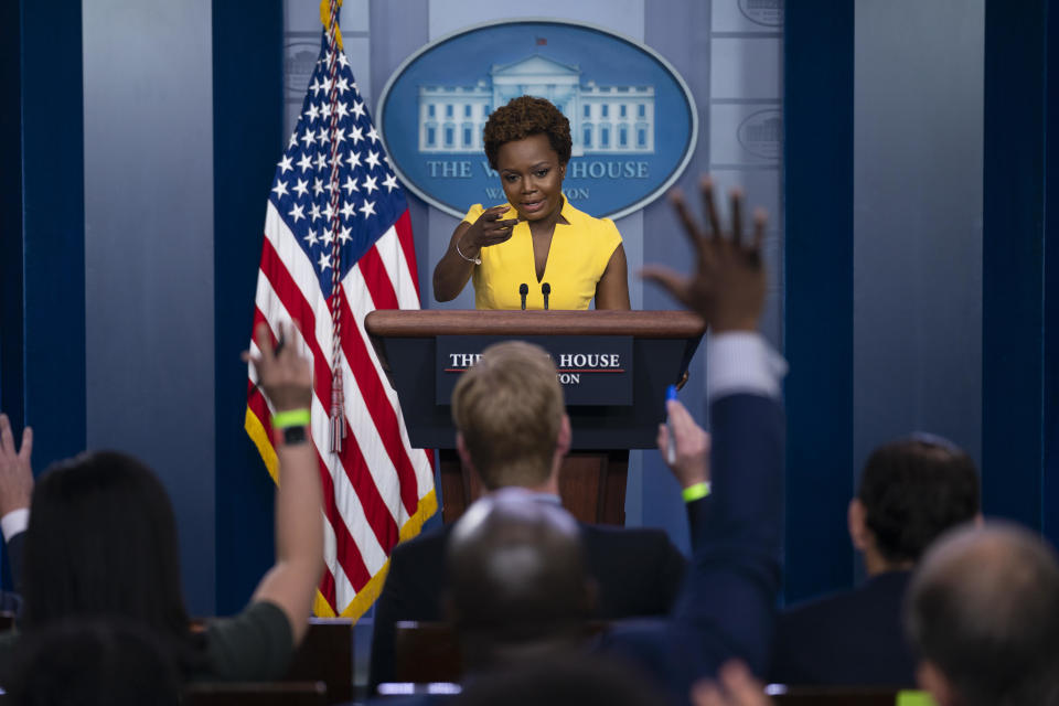 FILE: White House deputy press secretary Karine Jean-Pierre speaks during a press briefing at the White House on Wednesday, May 26, 2021. / Credit: Evan Vucci / AP